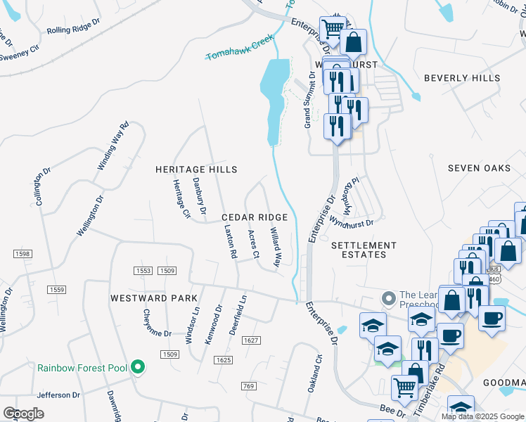 map of restaurants, bars, coffee shops, grocery stores, and more near 124 Willard Way in Lynchburg