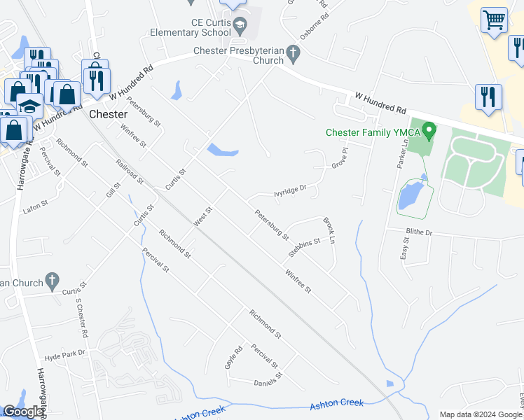 map of restaurants, bars, coffee shops, grocery stores, and more near 12509 Petersburg Street in Chester