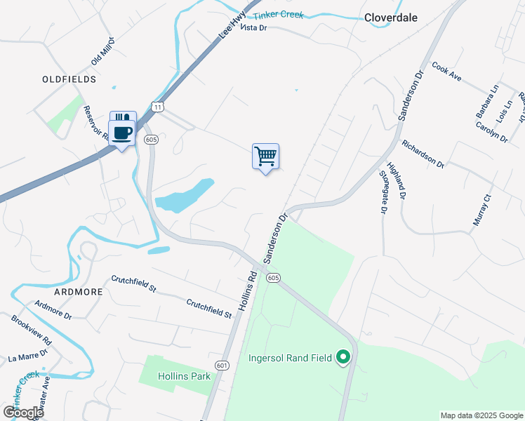 map of restaurants, bars, coffee shops, grocery stores, and more near 7811 Shadwell Drive in Hollins
