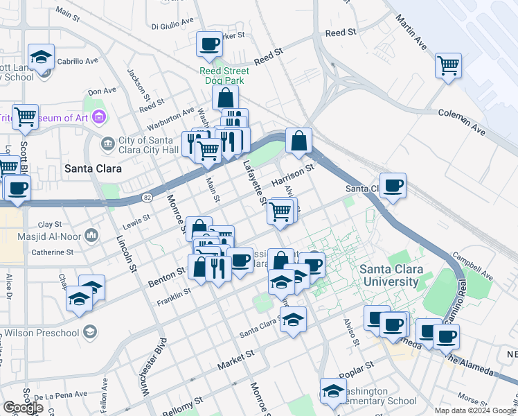 map of restaurants, bars, coffee shops, grocery stores, and more near 925 Fremont Street in Santa Clara