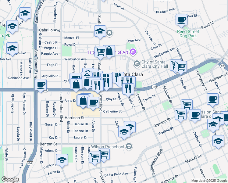 map of restaurants, bars, coffee shops, grocery stores, and more near 1850 El Camino Real in Santa Clara
