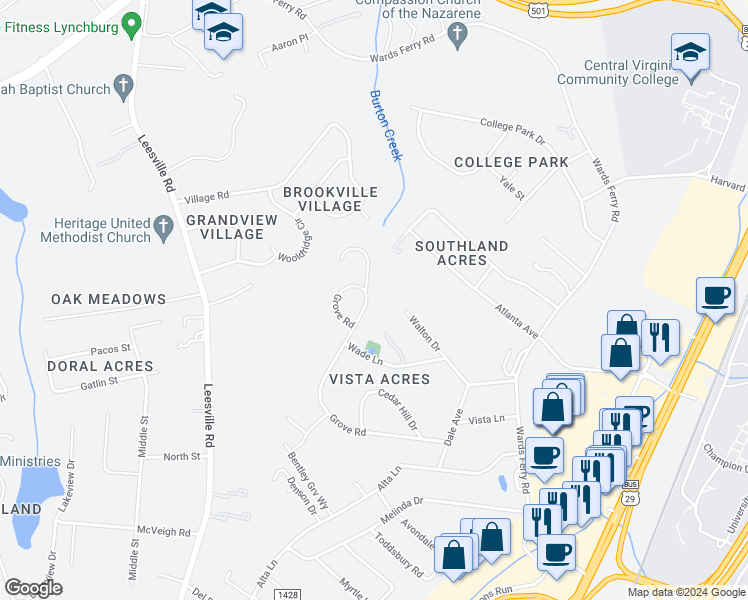 map of restaurants, bars, coffee shops, grocery stores, and more near 1246 Grove Road in Lynchburg
