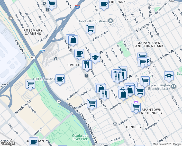 map of restaurants, bars, coffee shops, grocery stores, and more near 840 North First Street in San Jose