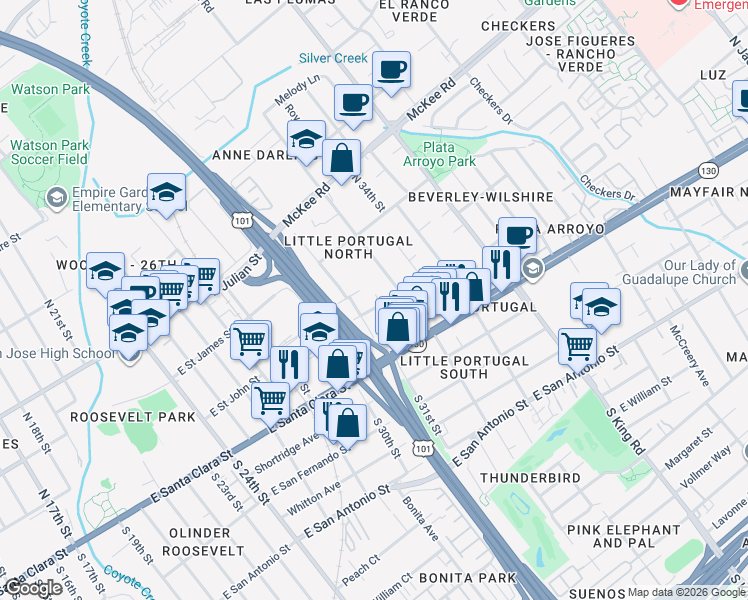map of restaurants, bars, coffee shops, grocery stores, and more near 1545 East Saint John Street in San Jose