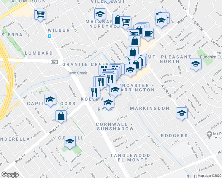 map of restaurants, bars, coffee shops, grocery stores, and more near 1150 McGinness Avenue in San Jose