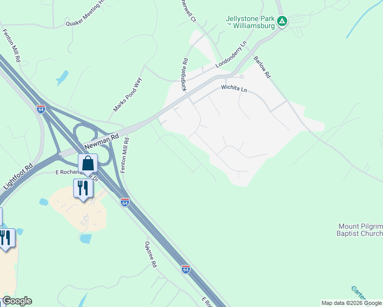 map of restaurants, bars, coffee shops, grocery stores, and more near 121 Indiana Lane in Williamsburg