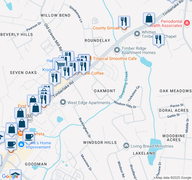 map of restaurants, bars, coffee shops, grocery stores, and more near 1043 Oakmont Circle in Lynchburg