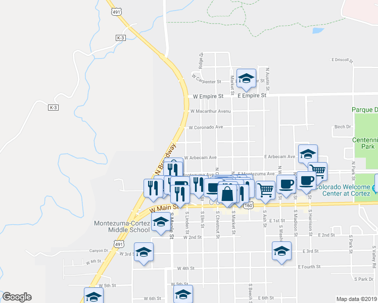 map of restaurants, bars, coffee shops, grocery stores, and more near 318 North Linden Street in Cortez