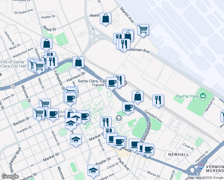 map of restaurants, bars, coffee shops, grocery stores, and more near 500 El Camino Real in Santa Clara