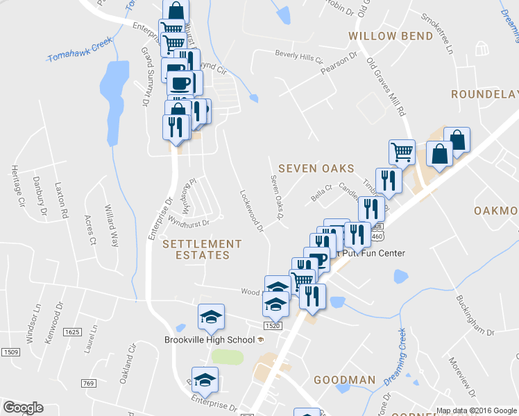 map of restaurants, bars, coffee shops, grocery stores, and more near 1408 Lockewood Drive in Lynchburg