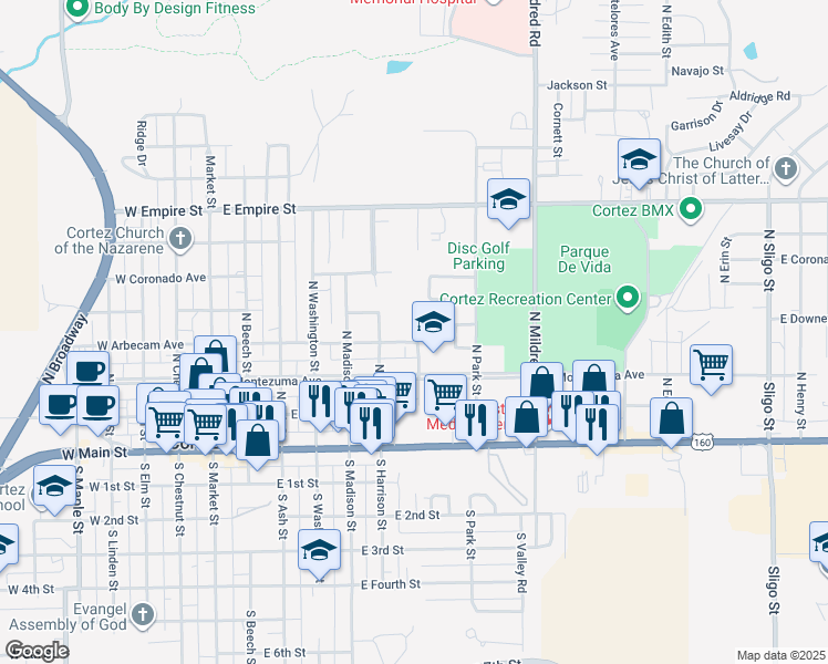 map of restaurants, bars, coffee shops, grocery stores, and more near 767 Birch Drive in Cortez