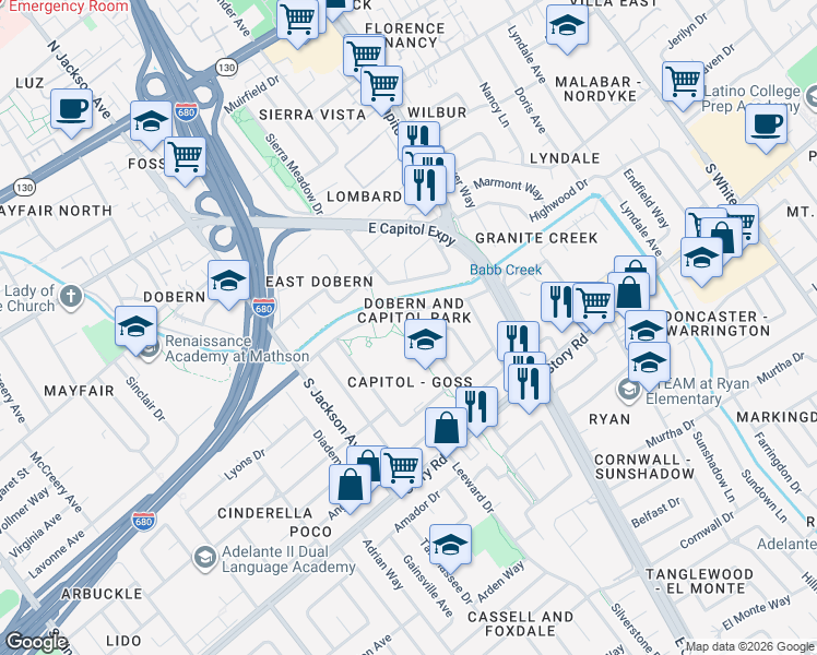map of restaurants, bars, coffee shops, grocery stores, and more near 2563 Bambi Lane in San Jose
