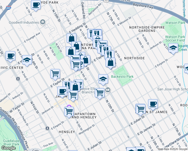 map of restaurants, bars, coffee shops, grocery stores, and more near 668 North 10th Street in San Jose
