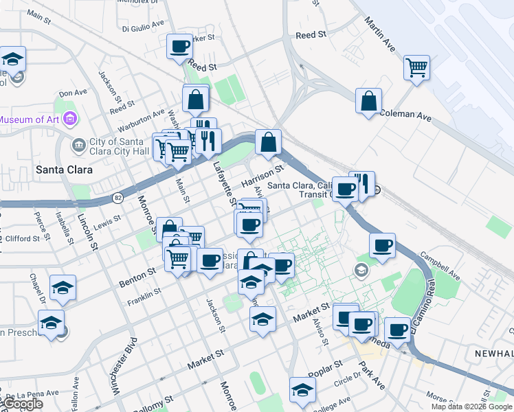 map of restaurants, bars, coffee shops, grocery stores, and more near 759 Fremont Street in Santa Clara
