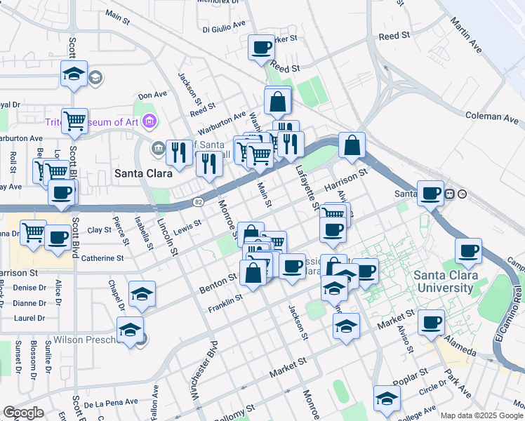map of restaurants, bars, coffee shops, grocery stores, and more near 1157 Lewis Street in Santa Clara