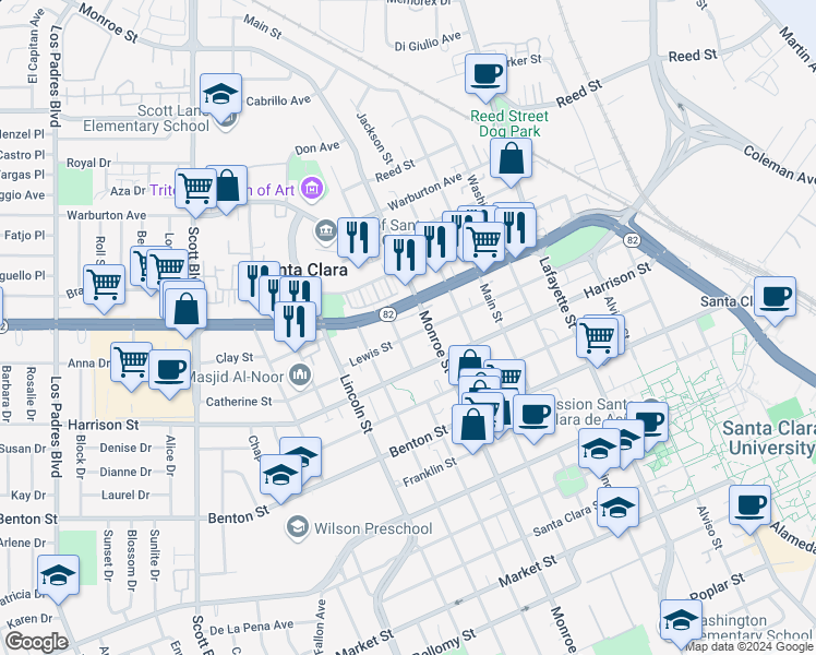 map of restaurants, bars, coffee shops, grocery stores, and more near 1363 East El Camino Real in Santa Clara