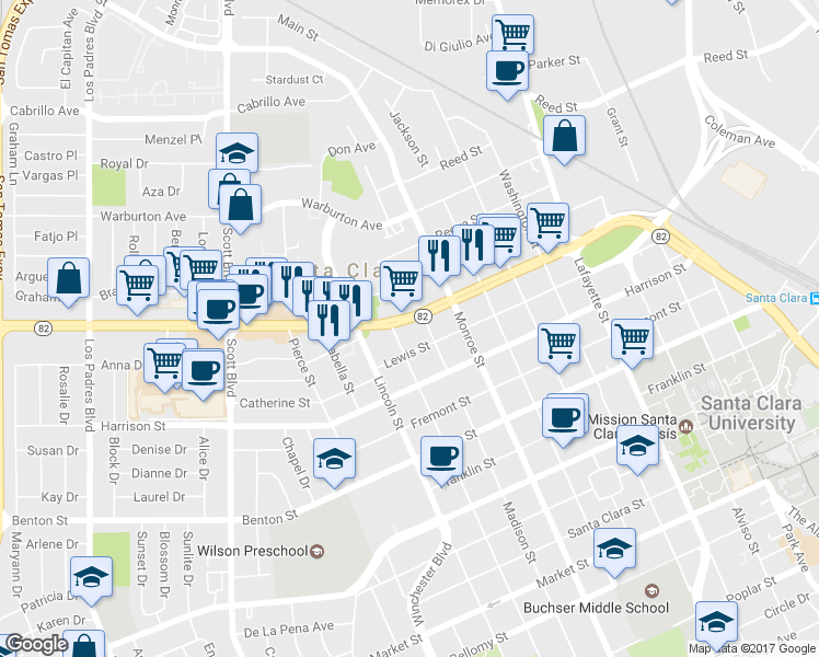 map of restaurants, bars, coffee shops, grocery stores, and more near 1440 Civic Center Drive in Santa Clara