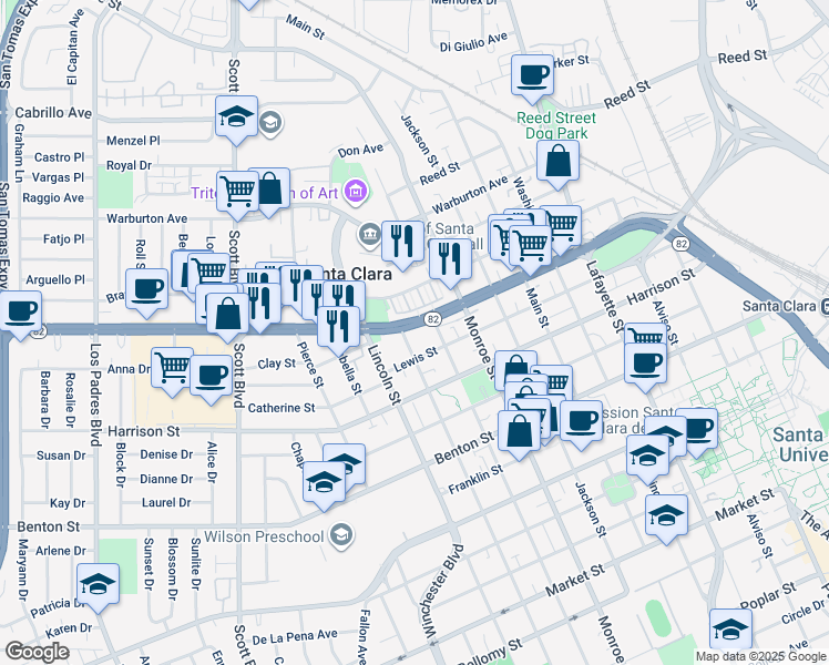 map of restaurants, bars, coffee shops, grocery stores, and more near 1450 El Camino Real in Santa Clara