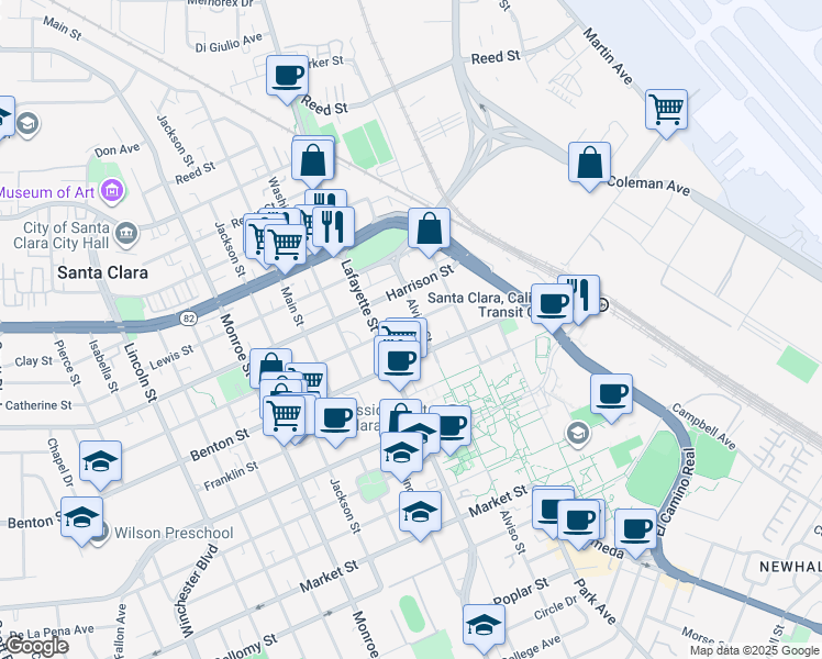 map of restaurants, bars, coffee shops, grocery stores, and more near 759 Fremont Street in Santa Clara