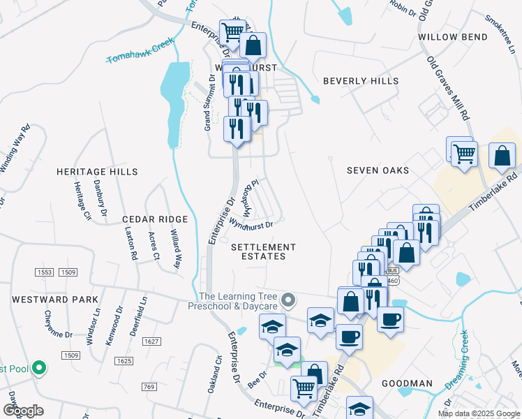 map of restaurants, bars, coffee shops, grocery stores, and more near 106 Wyndview Drive in Lynchburg
