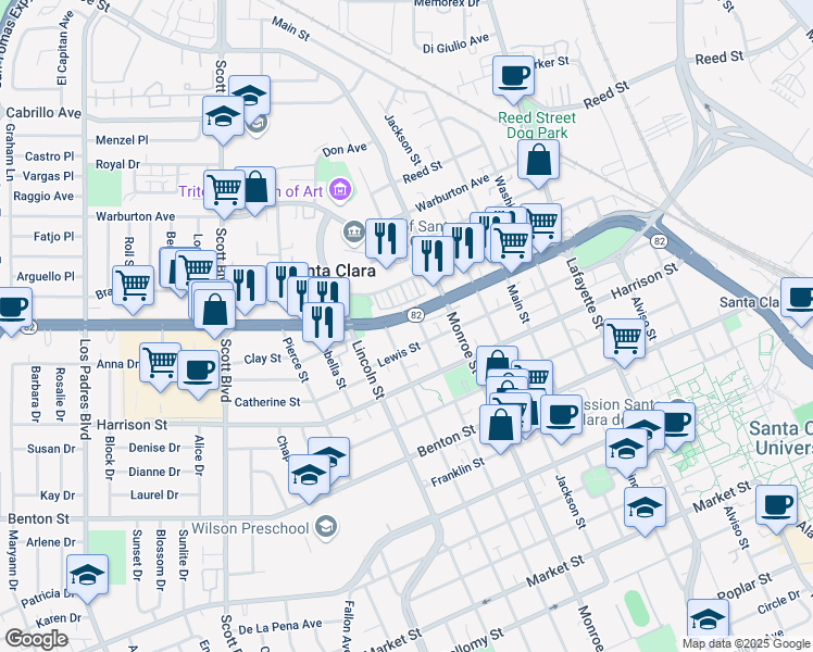 map of restaurants, bars, coffee shops, grocery stores, and more near 1450 El Camino Real in Santa Clara