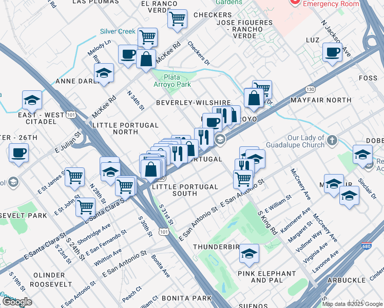 map of restaurants, bars, coffee shops, grocery stores, and more near 1661 Alum Rock Avenue in San Jose