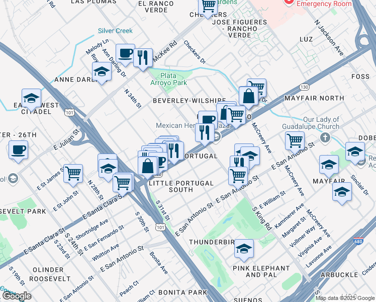 map of restaurants, bars, coffee shops, grocery stores, and more near 1665 Alum Rock Avenue in San Jose