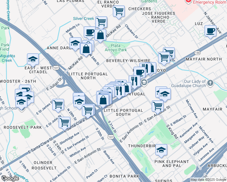 map of restaurants, bars, coffee shops, grocery stores, and more near 1622 Perry Court in San Jose