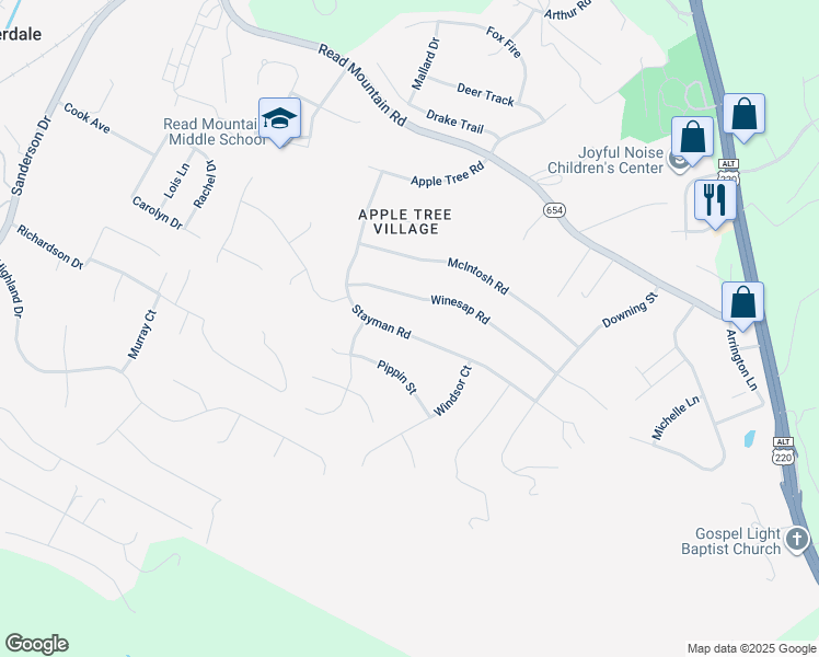 map of restaurants, bars, coffee shops, grocery stores, and more near 439 Stayman Road in Roanoke