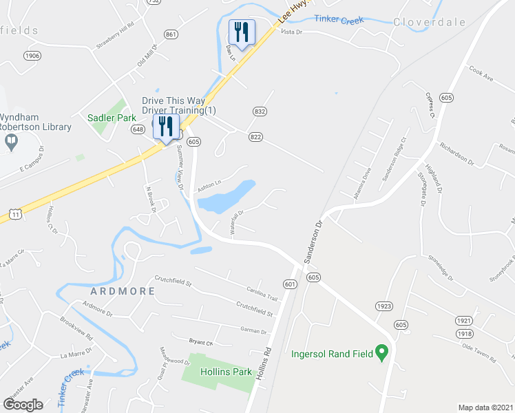 map of restaurants, bars, coffee shops, grocery stores, and more near 8168 Waterfall Drive in Hollins