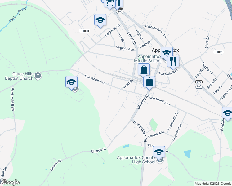map of restaurants, bars, coffee shops, grocery stores, and more near 490 Lee-Grant Avenue in Appomattox