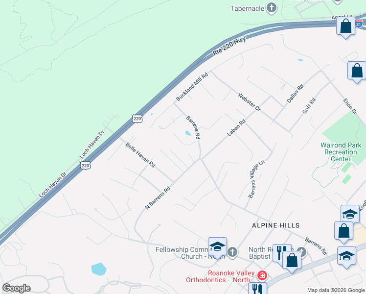 map of restaurants, bars, coffee shops, grocery stores, and more near 6435 Garrett Ln in Roanoke