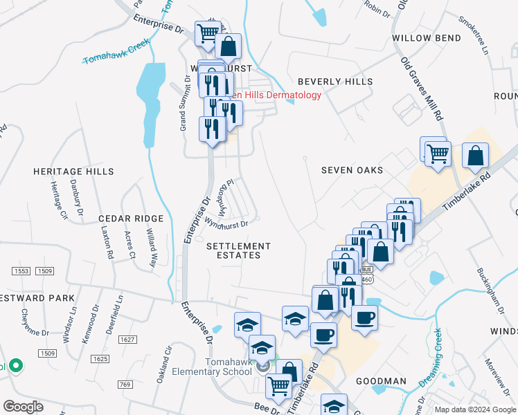 map of restaurants, bars, coffee shops, grocery stores, and more near 317 Wyndhurst Drive in Lynchburg