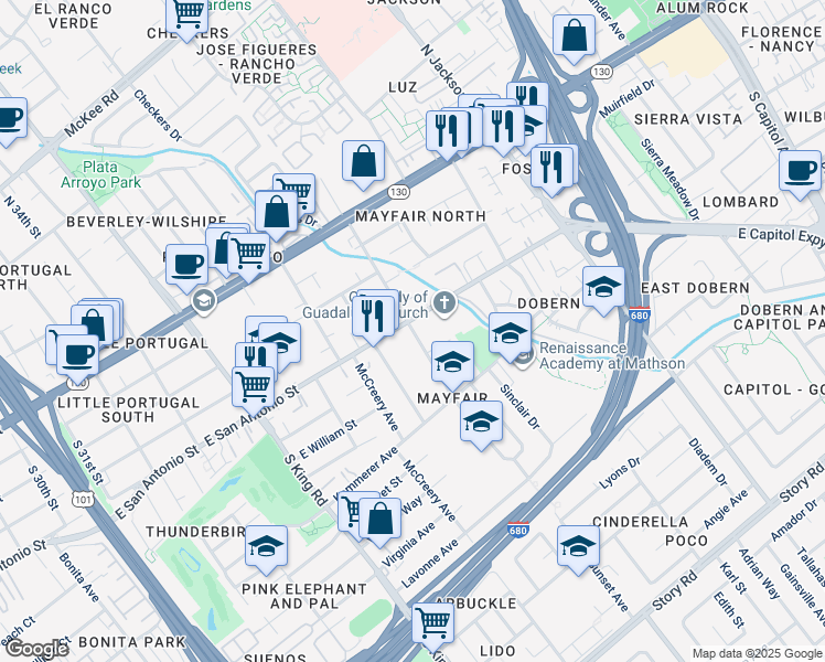 map of restaurants, bars, coffee shops, grocery stores, and more near 2078 Sunset View Place in San Jose