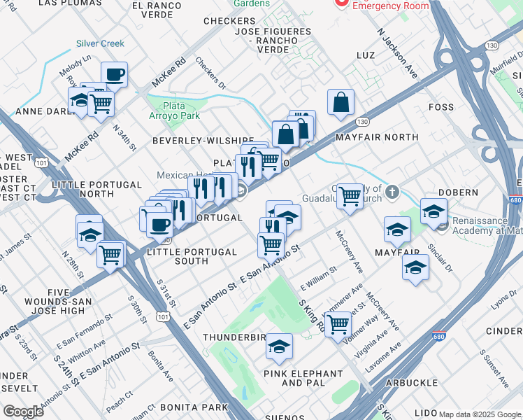 map of restaurants, bars, coffee shops, grocery stores, and more near 1700 Alum Rock Avenue in San Jose
