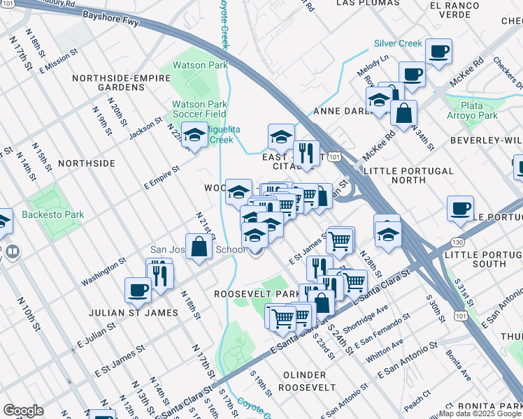 map of restaurants, bars, coffee shops, grocery stores, and more near 450 Coyote Creek Circle in San Jose