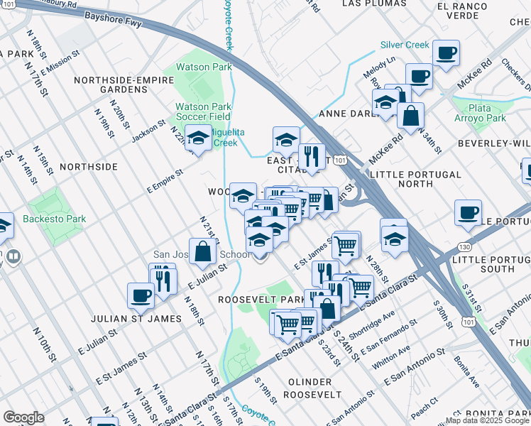 map of restaurants, bars, coffee shops, grocery stores, and more near 1227 Coyote Creek Court in San Jose