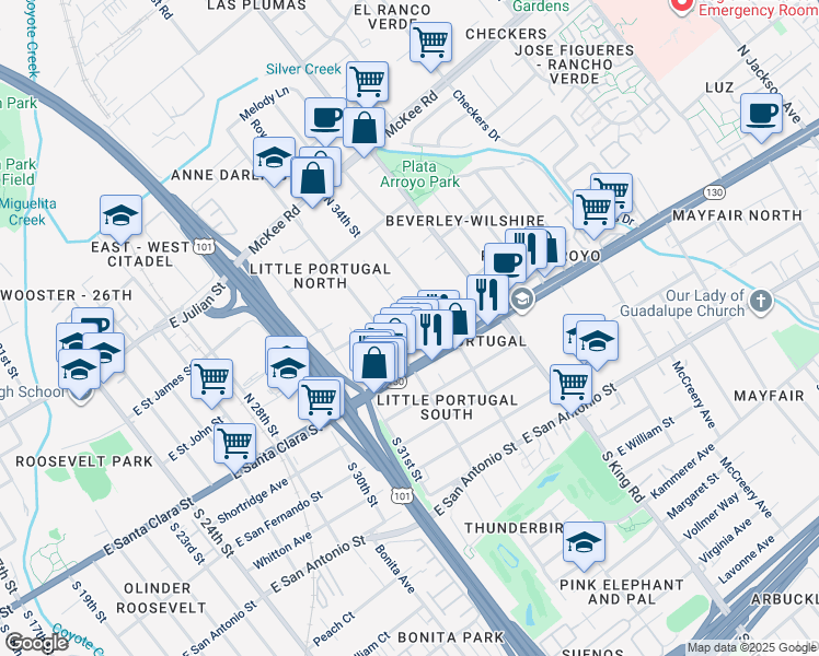map of restaurants, bars, coffee shops, grocery stores, and more near 1622 Perry Court in San Jose