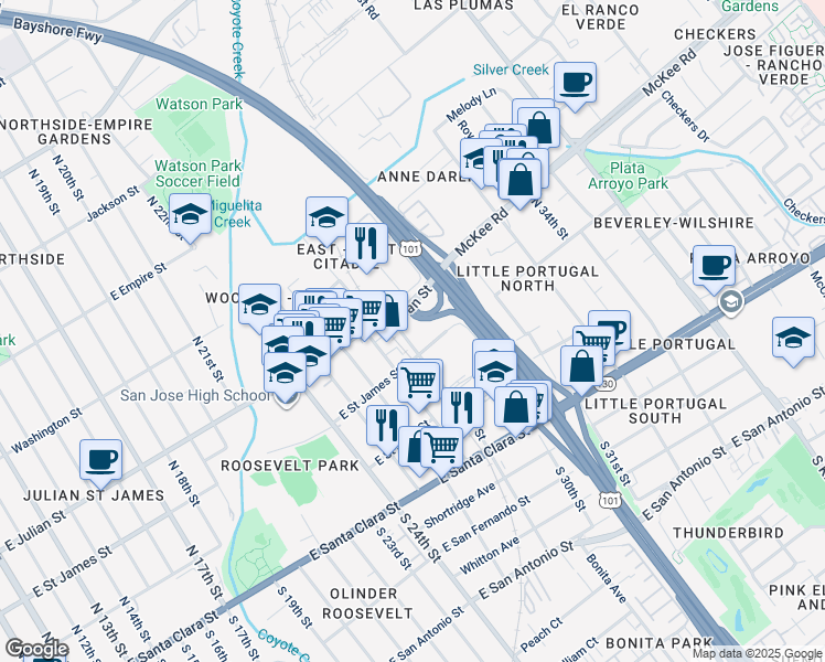 map of restaurants, bars, coffee shops, grocery stores, and more near 266 McKee Road in San Jose
