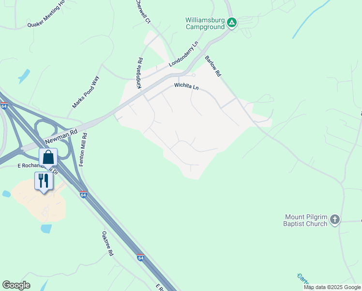 map of restaurants, bars, coffee shops, grocery stores, and more near 105 Chapel Hill Lane in Williamsburg