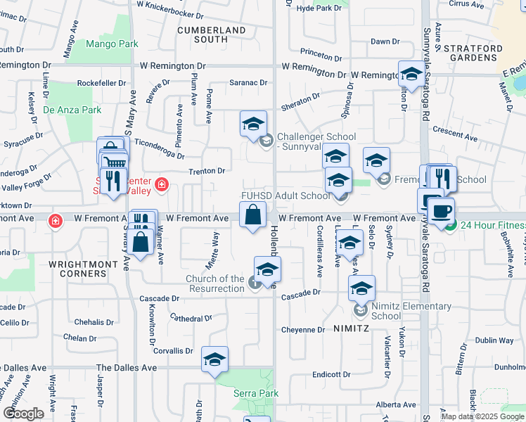 map of restaurants, bars, coffee shops, grocery stores, and more near 715 West Fremont Avenue in Sunnyvale