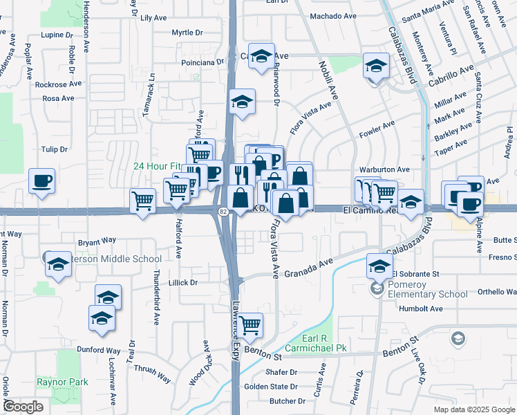 map of restaurants, bars, coffee shops, grocery stores, and more near El Camino Real & Lawrence Square in Santa Clara