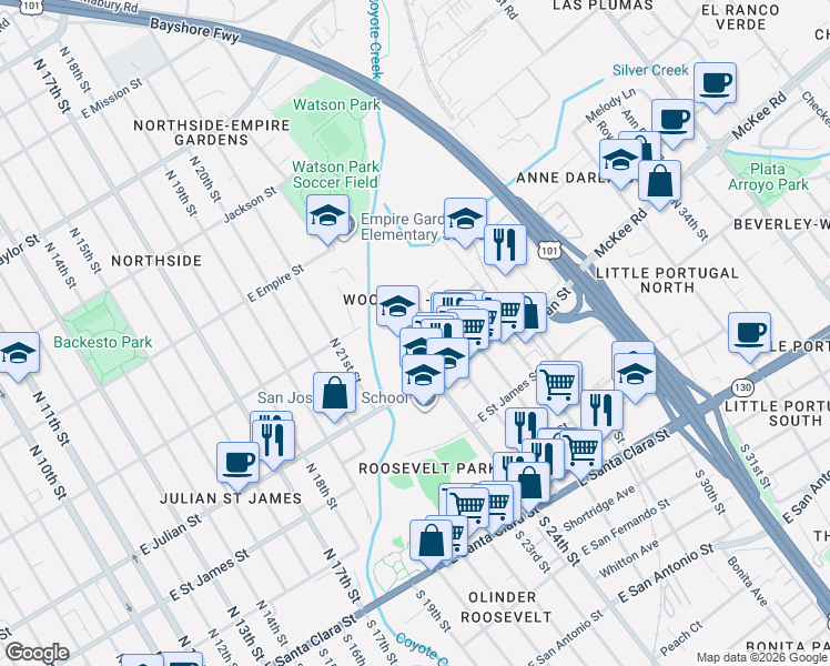 map of restaurants, bars, coffee shops, grocery stores, and more near in San Jose