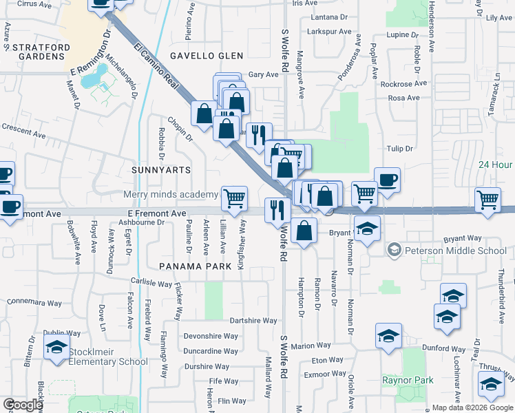 map of restaurants, bars, coffee shops, grocery stores, and more near 837 East Fremont Avenue in Sunnyvale