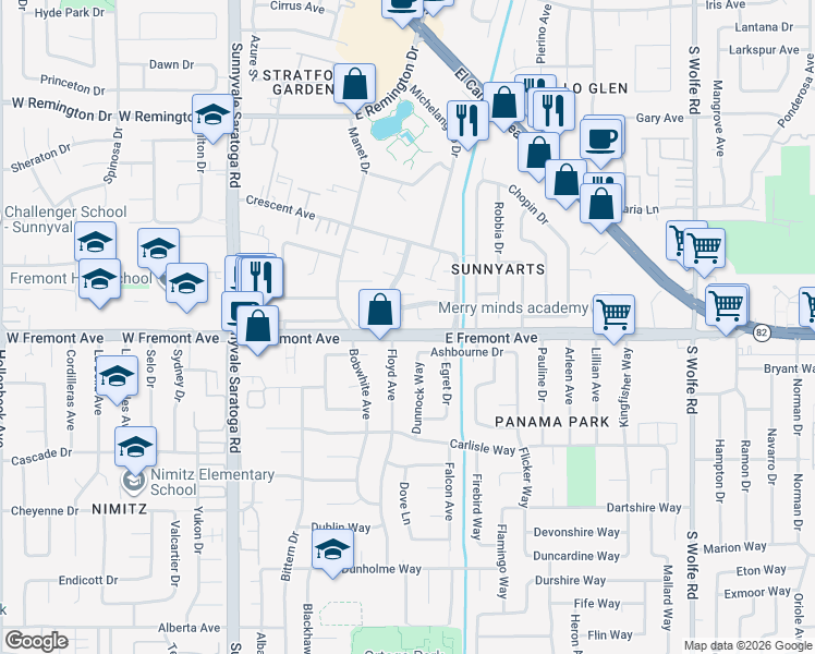 map of restaurants, bars, coffee shops, grocery stores, and more near 674 Picasso Terrace in Sunnyvale