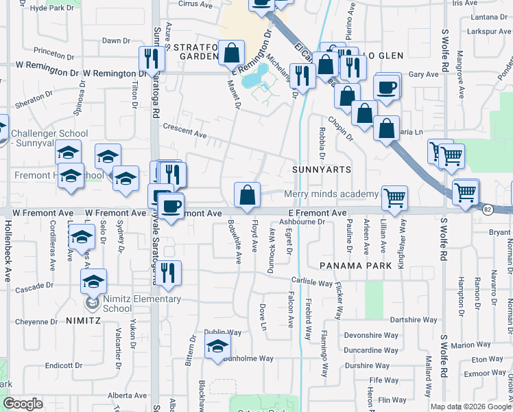 map of restaurants, bars, coffee shops, grocery stores, and more near 602 Picasso Terrace in Sunnyvale