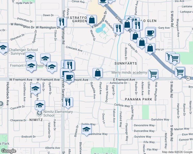 map of restaurants, bars, coffee shops, grocery stores, and more near 602 Picasso Terrace in Sunnyvale