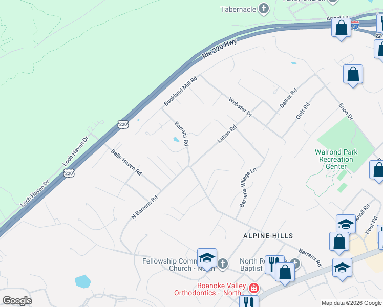 map of restaurants, bars, coffee shops, grocery stores, and more near 8308-8418 Barrens Road in Hollins