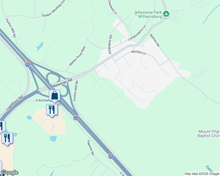 map of restaurants, bars, coffee shops, grocery stores, and more near 121 Indiana Lane in Williamsburg