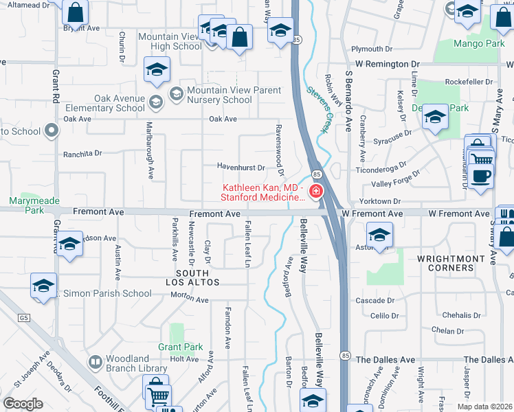 map of restaurants, bars, coffee shops, grocery stores, and more near 1494 Brookmill Road in Los Altos